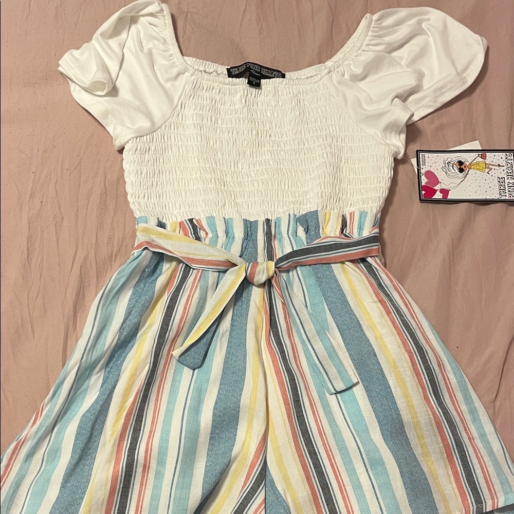 Three Hearts White Top with Pastel Multi-Stripe Skirt Tie Dress